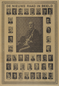 31882 Portretten van de burgemeester, dr. J.P. Fockema Andreae, en de 38 nieuwgekozen raadsleden in 1927.
